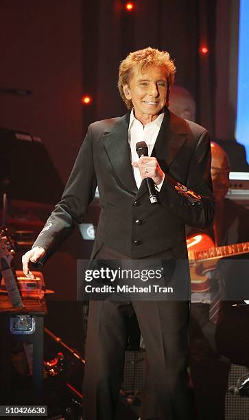 Barry Manilow performs onstage during the 2016 Pre-GRAMMY Gala and Salute to Industry Icons held at The Beverly Hilton Hotel on February 14, 2016 in...