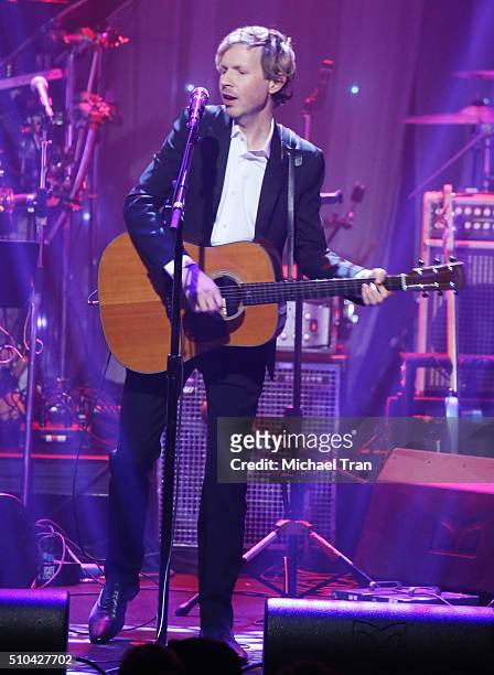 Beck performs onstage during the 2016 Pre-GRAMMY Gala and Salute to Industry Icons held at The Beverly Hilton Hotel on February 14, 2016 in Beverly...