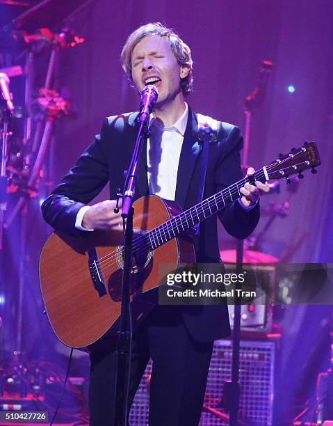 Beck performs onstage during the 2016 Pre-GRAMMY Gala and Salute to Industry Icons held at The Beverly Hilton Hotel on February 14, 2016 in Beverly...