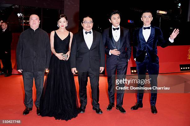 Producer Wang Yu, actress Xin Zhi Lei, director Yang Chao, actors Qin Hao and Wu Lipeng attend the 'Crosscurrent' premiere during the 66th Berlinale...