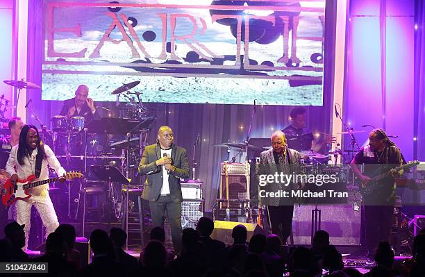 Verdine White, Philip Bailey and Ralph Johnson of Earth, Wind & Fire perform onstage during the 2016 Pre-GRAMMY Gala and Salute to Industry Icons...