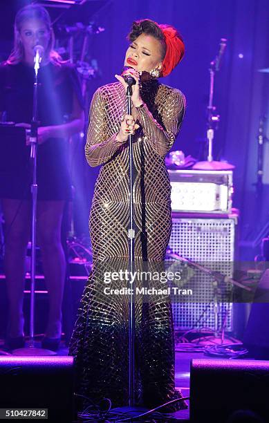 Andra Day performs onstage during the 2016 Pre-GRAMMY Gala and Salute to Industry Icons held at The Beverly Hilton Hotel on February 14, 2016 in...