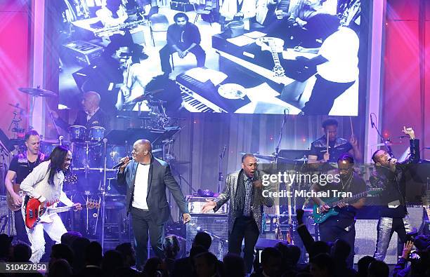 Verdine White, Philip Bailey and Ralph Johnson of Earth, Wind & Fire perform onstage during the 2016 Pre-GRAMMY Gala and Salute to Industry Icons...