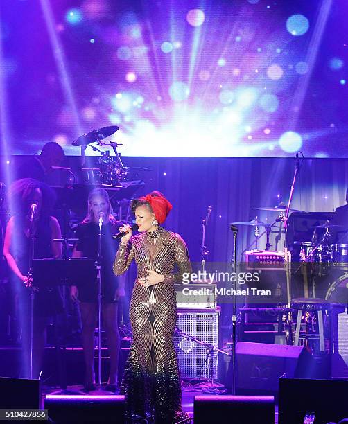 Andra Day performs onstage during the 2016 Pre-GRAMMY Gala and Salute to Industry Icons held at The Beverly Hilton Hotel on February 14, 2016 in...