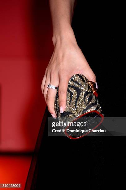 Actress Xin Zhi Lei, clutch detail, attends the 'Crosscurrent' premiere during the 66th Berlinale International Film Festival Berlin at Berlinale...