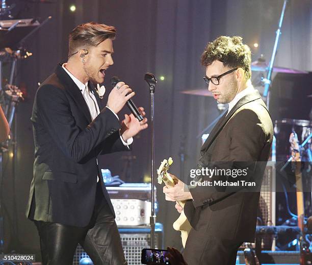 Adam Lambert and Jack Antonoff perform onstage during the 2016 Pre-GRAMMY Gala and Salute to Industry Icons held at The Beverly Hilton Hotel on...