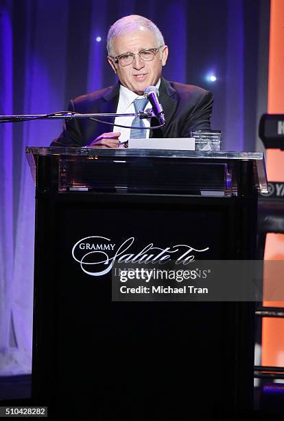 Irving Azoff speaks onstage during the 2016 Pre-GRAMMY Gala and Salute to Industry Icons held at The Beverly Hilton Hotel on February 14, 2016 in...