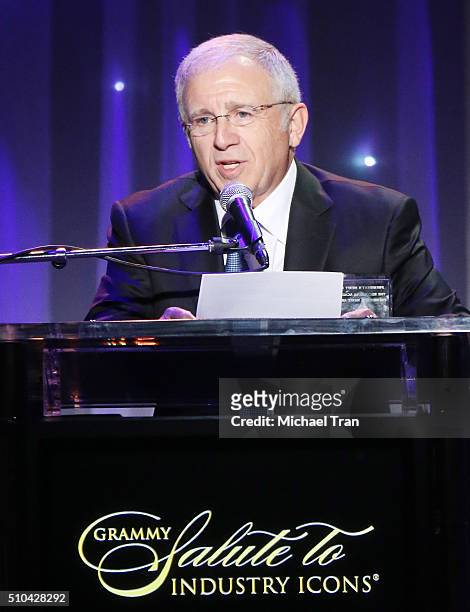 Irving Azoff speaks onstage during the 2016 Pre-GRAMMY Gala and Salute to Industry Icons held at The Beverly Hilton Hotel on February 14, 2016 in...
