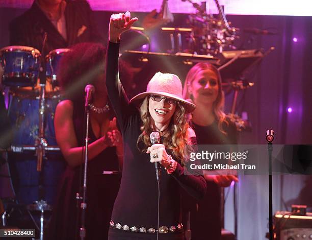 Carly Simon performs onstage during the 2016 Pre-GRAMMY Gala and Salute to Industry Icons held at The Beverly Hilton Hotel on February 14, 2016 in...