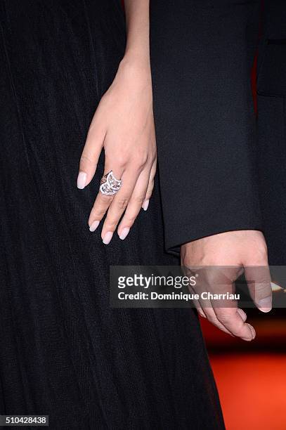 Actress Xin Zhi Lei, ring detail, attends the 'Crosscurrent' premiere during the 66th Berlinale International Film Festival Berlin at Berlinale...