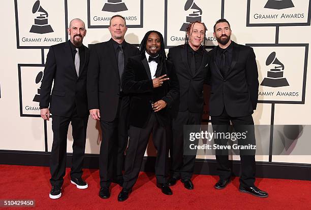 Recording artists John Connolly, Vince Hornsby, Lajon Witherspoon, Morgan Rose and Clint Lowery of Sevendust attend The 58th GRAMMY Awards at Staples...