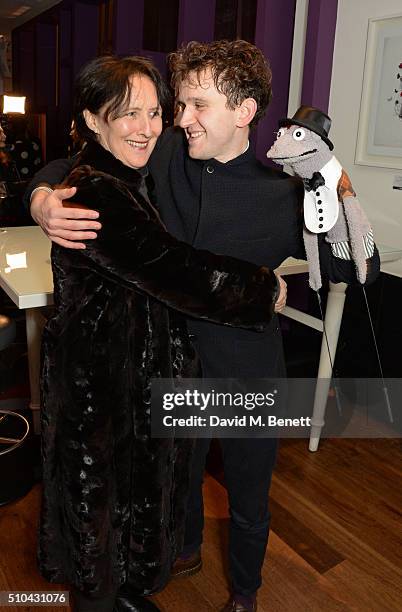 Fiona Shaw and cast member Harry Melling attend the press night after party of "Hand To God" at the Trafalgar Hotel on February 15, 2016 in London,...