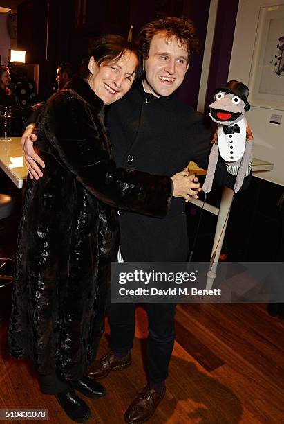 Fiona Shaw and cast member Harry Melling attend the press night after party of "Hand To God" at the Trafalgar Hotel on February 15, 2016 in London,...