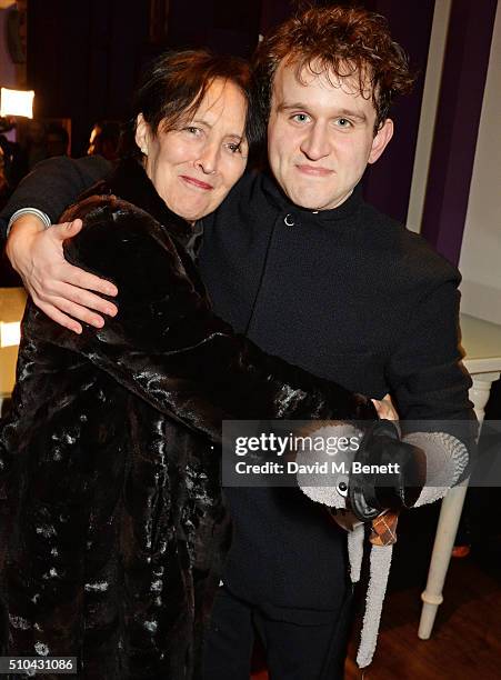 Fiona Shaw and cast member Harry Melling attend the press night after party of "Hand To God" at the Trafalgar Hotel on February 15, 2016 in London,...