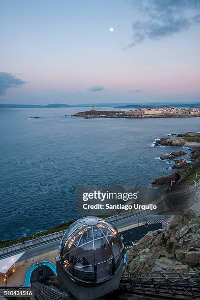 a coruna city from mount san pedro with tower of hercules on background - la coruña imagens e fotografias de stock