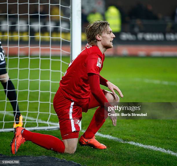 Emil Forsberg of Leipzig reacts during the Second Bundesliga match between FC St. Pauli and RB Leipzig at Millerntor Stadium on February 12, 2016 in...