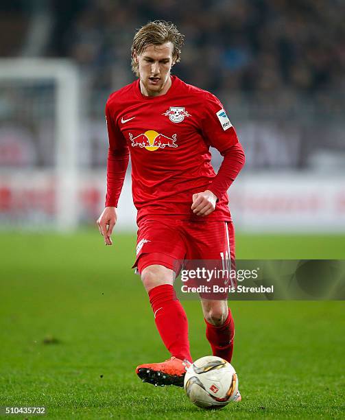 Emil Forsberg of Leipzig runs with the ball during the Second Bundesliga match between FC St. Pauli and RB Leipzig at Millerntor Stadium on February...