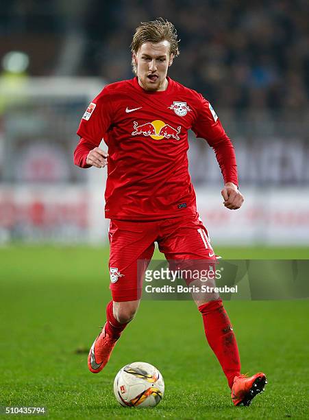 Emil Forsberg of Leipzig runs with the ball during the Second Bundesliga match between FC St. Pauli and RB Leipzig at Millerntor Stadium on February...