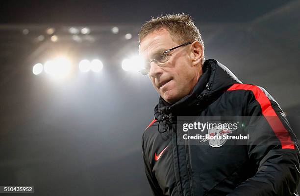 Head coach Ralf Rangnick of Leipzig looks on during the Second Bundesliga match between FC St. Pauli and RB Leipzig at Millerntor Stadium on February...