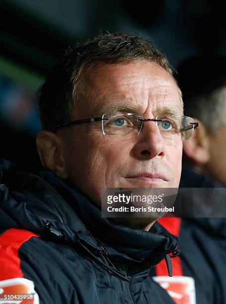 Head coach Ralf Rangnick of Leipzig looks on during the Second Bundesliga match between FC St. Pauli and RB Leipzig at Millerntor Stadium on February...