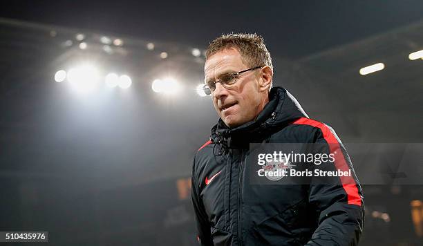 Head coach Ralf Rangnick of Leipzig looks on during the Second Bundesliga match between FC St. Pauli and RB Leipzig at Millerntor Stadium on February...