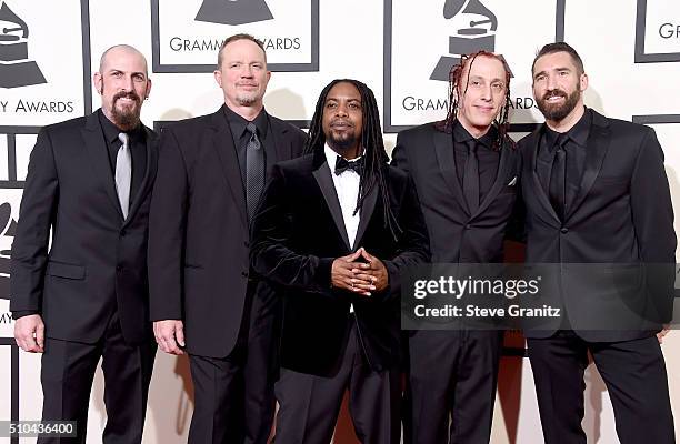 Recording artists John Connolly, Vince Hornsby, Lajon Witherspoon, Morgan Rose and Clint Lowery of Sevendust attend The 58th GRAMMY Awards at Staples...