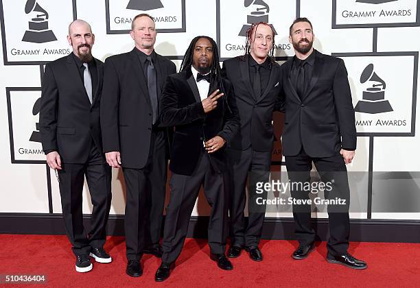 Recording artists John Connolly, Vince Hornsby, Lajon Witherspoon, Morgan Rose and Clint Lowery of Sevendust attend The 58th GRAMMY Awards at Staples...