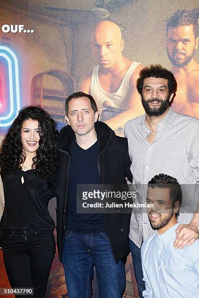 Sabrina Ouazani, Gad Elmaleh, Ramzy Bedia and Anouar Toubali attend "Pattaya" Paris Premiere at Cinema Gaumont Opera on February 15, 2016 in Paris,...