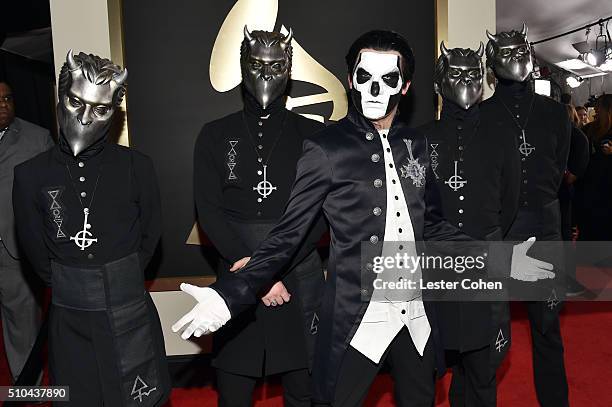 Muisicians of the band Ghost attend The 58th GRAMMY Awards at Staples Center on February 15, 2016 in Los Angeles, California.