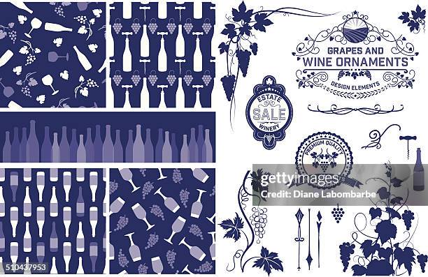 wine grapes design elements and patterns - grape leaf stock illustrations