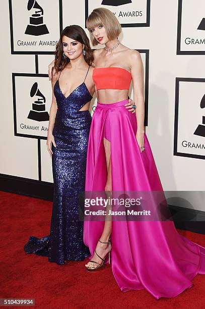Musicians Selena Gomez and Taylor Swift attend The 58th GRAMMY Awards at Staples Center on February 15, 2016 in Los Angeles, California.