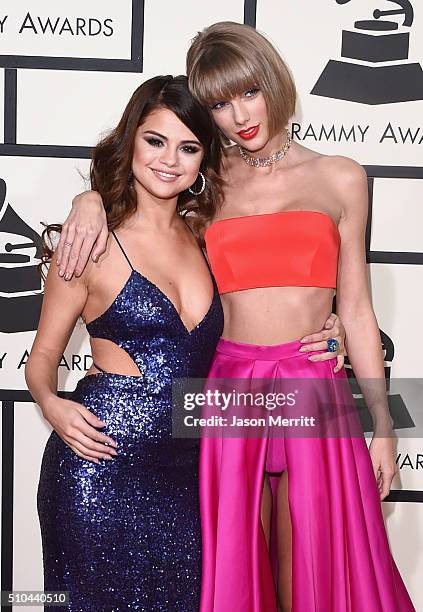 Musicians Selena Gomez and Taylor Swift attend The 58th GRAMMY Awards at Staples Center on February 15, 2016 in Los Angeles, California.