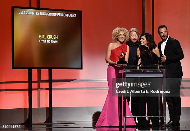 Musicians Kimberly Schlapman, Philip Sweet, Karen Fairchild, and Jimi Westbrook of Little Big Town speak onstage during the GRAMMY Pre-Telecast at...