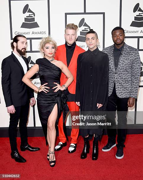 Singers Avi Kaplan, Kirstin Maldonado, Scott Hoying, Mitch Grassi, and Kevin Olusola of Pentatonix attend The 58th GRAMMY Awards at Staples Center on...