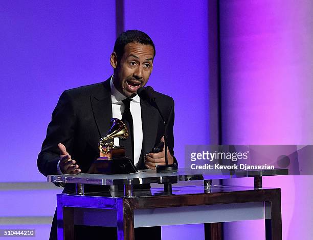 Drummer Antonio Sanchez accepts the award for Best Score Soundtrack for Visual Media for "Birdman" onstage during the GRAMMY Pre-Telecast at The 58th...