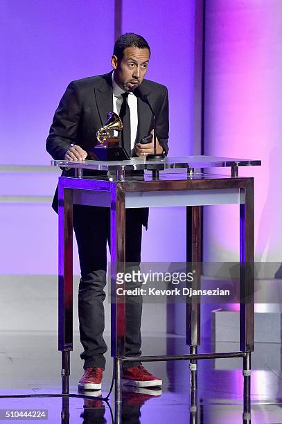 Drummer Antonio Sanchez accepts the award for Best Score Soundtrack for Visual Media for "Birdman" onstage during the GRAMMY Pre-Telecast at The 58th...