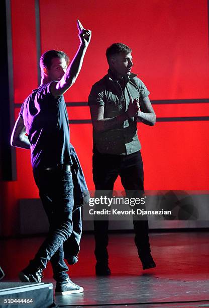 Drummer Ryan Meyer and singer/guitarist Johnny Stevens of Highly Suspect perform onstage during the GRAMMY Pre-Telecast at The 58th GRAMMY Awards at...