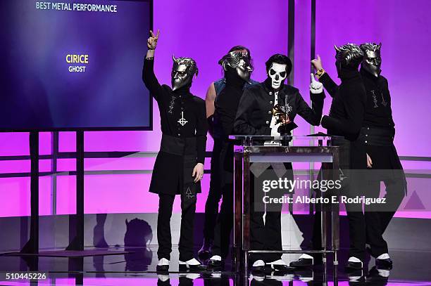 Musical group Ghost, winners of Best Metal Performance for 'Cirice', accept an award onstage during the GRAMMY Pre-Telecast at The 58th GRAMMY Awards...