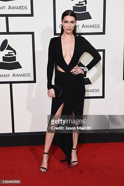 Model Bella Hadid attends The 58th GRAMMY Awards at Staples Center on February 15, 2016 in Los Angeles, California.