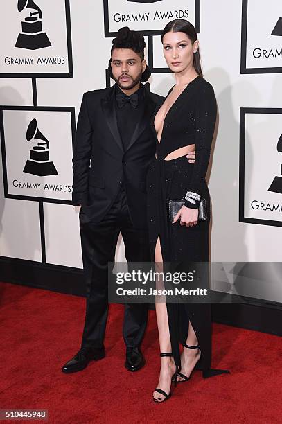 Singer The Weeknd and model Bella Hadid attend The 58th GRAMMY Awards at Staples Center on February 15, 2016 in Los Angeles, California.