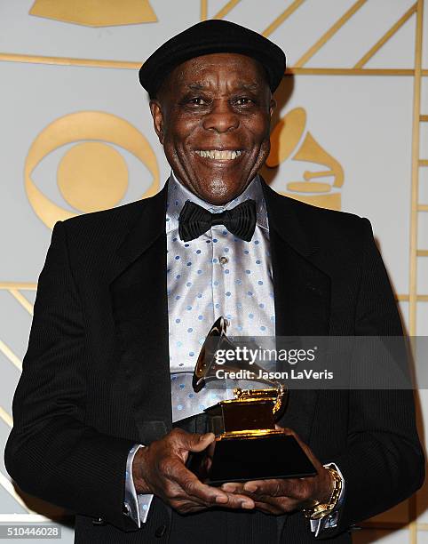 Musician Buddy Guy poses in the press room at the The 58th GRAMMY Awards at Staples Center on February 15, 2016 in Los Angeles, California.