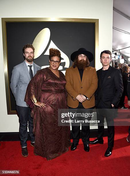 Musicians Blake Mills, Brittany Howard, Zac Cockrell and Heath Fogg of Alabama Shakes attends The 58th GRAMMY Awards at Staples Center on February...