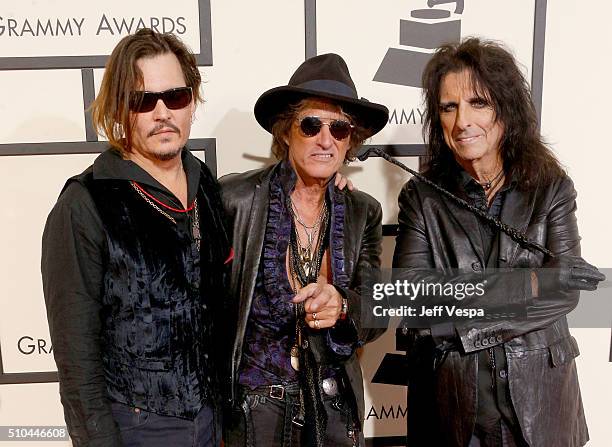 Actor/musician Johnny Depp, musicians Joe Perry and Alice Cooper of Hollywood Vampires attend The 58th GRAMMY Awards at Staples Center on February...