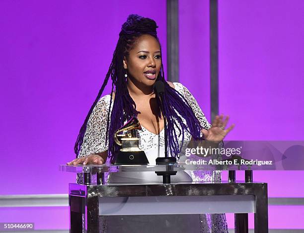 Singer Lalah Hathaway accepts award for Best Traditional R&B Performance for 'Litlle Ghetto Boy' onstage during the GRAMMY Pre-Telecast at The 58th...