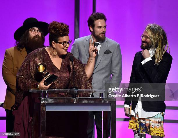 Musicians Zac Cockrell, Brittany Howard, Steve Johnson of Alabama Shakes and producer Shawn Everett, winners of Best Alternative Music Album for...