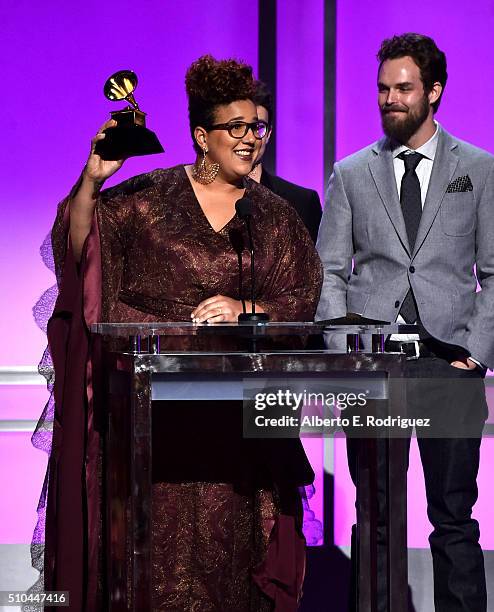 Musicians Brittany Howard and Steve Johnson of Alabama Shakes, winners of Best Alternative Music Album for 'Sound & Color', accept award onstage...