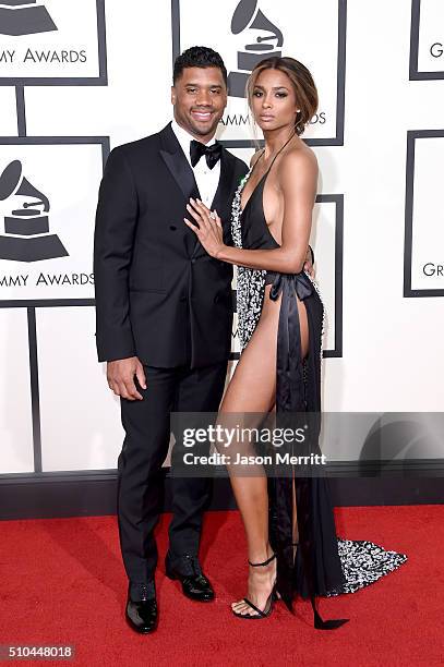 Player Russell Wilson and singer Ciara attend The 58th GRAMMY Awards at Staples Center on February 15, 2016 in Los Angeles, California.