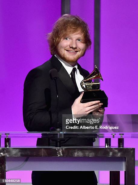 Recording artist Ed Sheeran, winner of Best Pop Solo Performance for 'Thinking Out Loud', accepts award onstage during the GRAMMY Pre-Telecast at The...