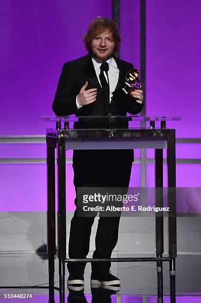 Recording artist Ed Sheeran, winner of Best Pop Solo Performance for 'Thinking Out Loud', accepts award onstage during the GRAMMY Pre-Telecast at The...