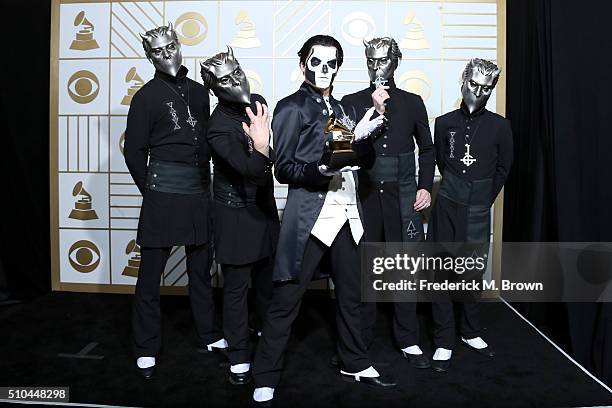 Musician Papa Emeritus III and fellow members of Ghost, winners of the award for Best Metal Performance for 'Cirice,' poses in the press room during...